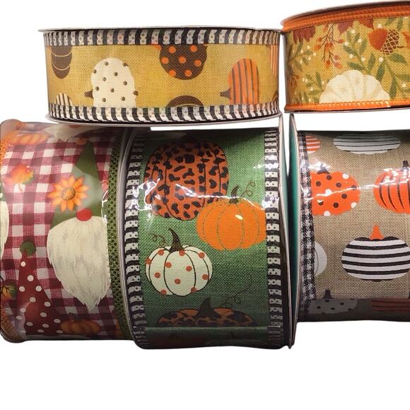 Fall Ribbon Lot 6 Rolls Wired Edge Pumpkins Plaid Gnomes Autumn Leaves Harvest 6 - Picture 3 of 11